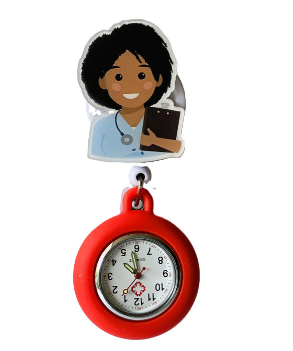 Reloj con Clip Rojo y Motivo de Enfermera con Rizos