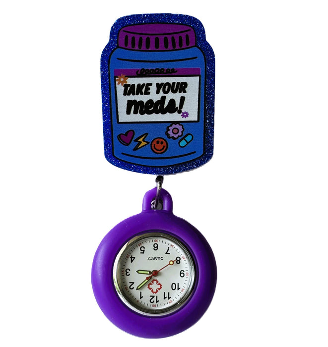 Reloj con Clip Morado y Motivo Take your meds