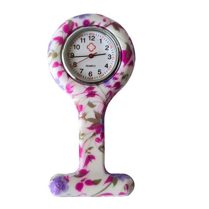 Reloj de Enfermería Flores Moradas y Fucsias